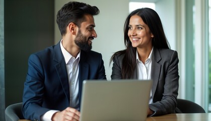 Indian HR specialist holds recruitment interview with candidate. Business people in formal suits sit in office. Job interview takes place at modern workplace. Pro consultation involves conversation
