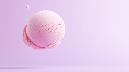 Perfect sphere of pink ice cream floats in the center of the composition, small pieces breaking off and drifting upwards against a solid purple backdrop
