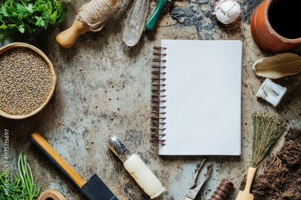 Poster flat lay of farming essentials including seeds notebook and gardening tools arranged on rustic surfa