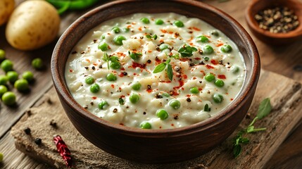 A rustic-style bowl of creamed peas and potatoes, isolated with scattered chili flakes and cracked pepper
