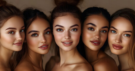Obraz premium A diverse group of beautiful women with natural beauty and glowing smooth skin. Portrait of many attractive female fashion models with great skincare of all races, tones and style