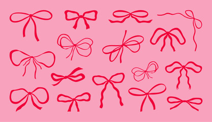 Decorative bows in coquette style isolated on pink background. Set of hand drawn cute ribbon bow knots. Big vector collection of whimsical bows for wedding and greeting cards, invitations.