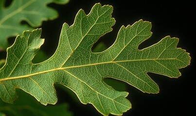 Green oak leaf detail, close-up, dark background, nature study