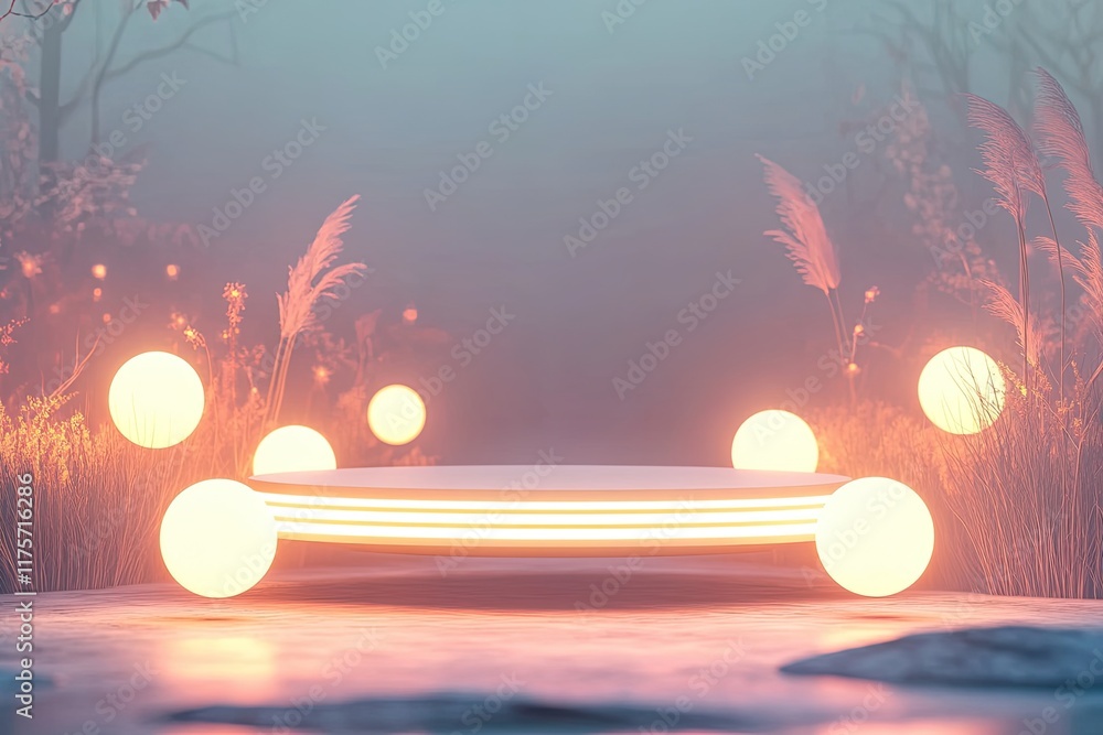 Poster floating circular podium illuminated by glowing orbs set in surreal ethereal setting with soft ambie