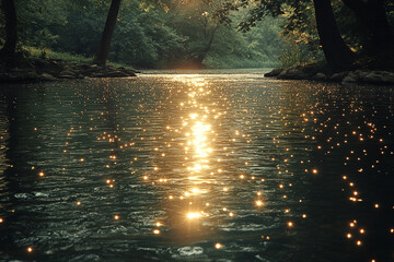 Golden Sunlight Sparkling On River Water