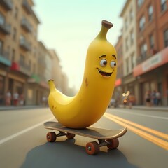 A 3D rendered cartoon banana with a smiling face is perched on a skateboard against a blurred city street backdrop.