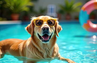 Happy golden retriever dog wearing yellow sunglasses relaxing in a swimming pool. Dog enjoys summer vacation by water. Playful pet having fun. Sunny day and outdoor scene. Poolside fun.