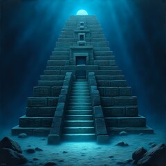 The image shows a pyramid-like structure with steps leading up to it, surrounded by a blue, ethereal light and rocky terrain, with no discernible text present.