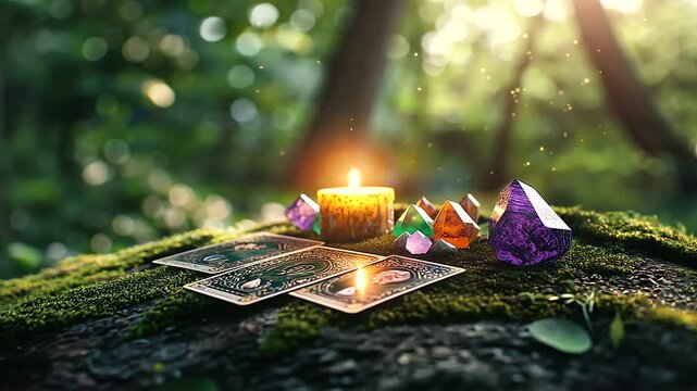 Esoteric cards, a candle casting a golden glow, and multicolored healing crystals are set atop a mossy tree trunk, framed by arching tree roots and the shimmering aura of magical e