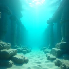 The image depicts a serene underwater scene with submerged ruins composed of columns, sand, and rocks, creating a pathway for sunlight to shine through.