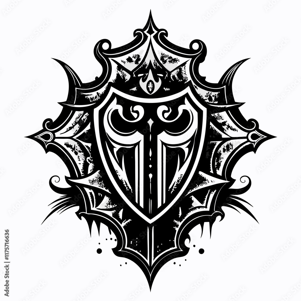 Poster intricate tribal shield tattoo with symmetrical patterns and sharp edges