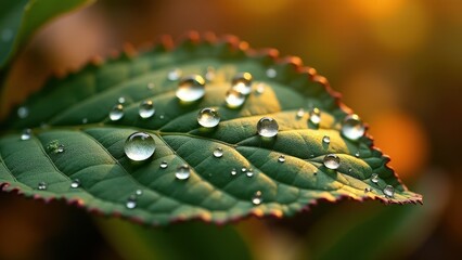 Close-Up of Autumn Oak Leaf with Dew Drops in Morning Light

