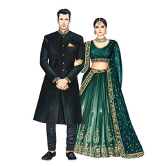 watercolor-style illustration of an Indian couple, man in royal black bandhgala, woman in emerald green sharara set isolated on transparent background
