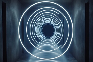 Obraz premium A glowing light burst forms concentric circles in dark corridor, creating mesmerizing visual effect
