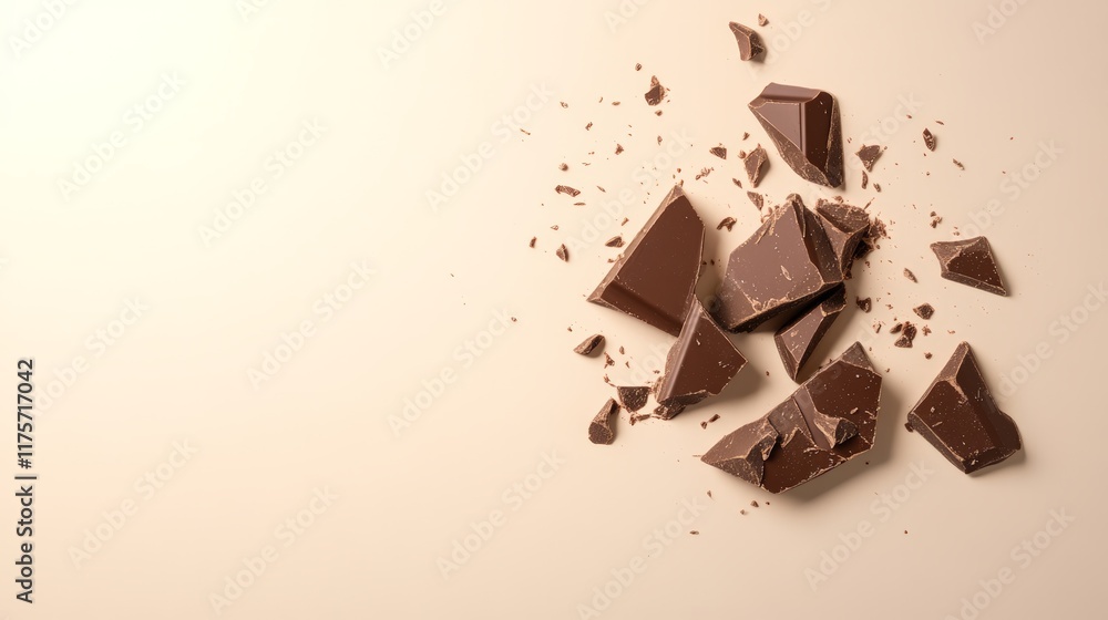 Aufkleber Chocolate bar pieces levitating and exploding on a beige background, creating a visually appealing arrangement with crumbs scattered around, ideal for food and dessert related projects