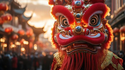 Fototapeta premium Ornate lion dance costume in mid-performance