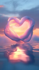 Fototapeta premium Glowing Heart Shaped Reflection Floating on Tranquil Waters at Vibrant Sunset with Atmospheric Cloudy Sky and Romantic Concept Imagery