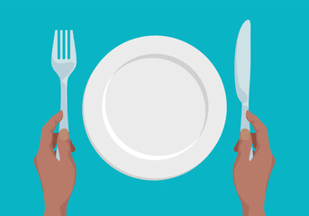 Hands holding fork and knife. Empty white plate. Vector cartoon flat illustration.
