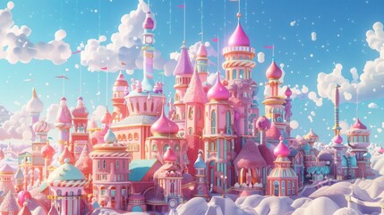 Obraz premium Whimsical Candy Kingdom: A pastel dreamland of sugary castles and swirling clouds, evoking a sense of childlike wonder and sweet delight.