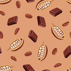 Seamless pattern with cocoa beans, pods and chocolate pieces on brown background. Vector cartoon illustration.