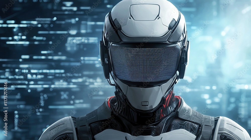 Poster a futuristic robot with a sleek design and digital background, embodying advanced technology and art