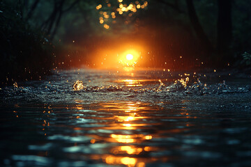 Golden Sunset Rain Over Water Splashes