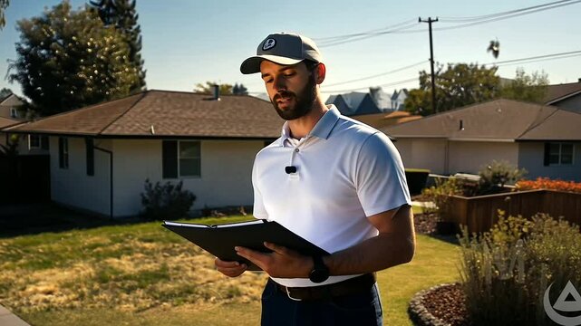 The agent observes roof tiles scattered in a nearby yard, cross-referencing their inspection notes with a checklist on a sunny day.