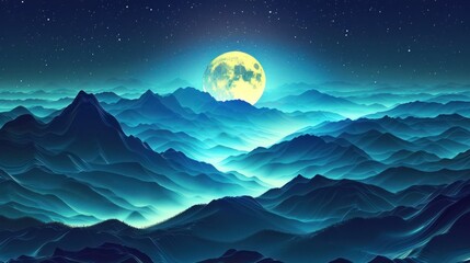 Obraz premium Moonlit Mountain Majesty: A breathtaking vista of moonlit mountain peaks, bathed in ethereal blue light, creating a serene and otherworldly landscape.