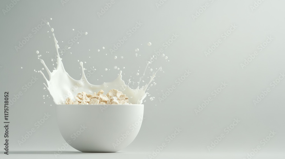 Aufkleber Milk is splashing into a white bowl of cereal creating a dynamic crown shape against a simple gray backdrop, perfect for showcasing breakfast, healthy eating, or dairy products