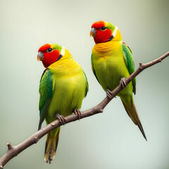 Fototapeta premium Yellow and green lovebird on branch with misty blurred background
