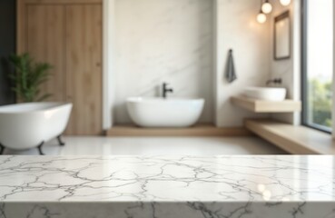 Stylish marble countertop occupies center of modern bathroom interior. Luxury design showcased. White marble surface shows beautiful patterns. Blurred bathroom background features tub, sink, window