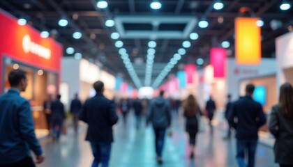 Busy expo hall with many people walking. Business event with lots of people exploring booths. International trade show interior. Modern design. People move in hall. Large crowd. Showcase of products.