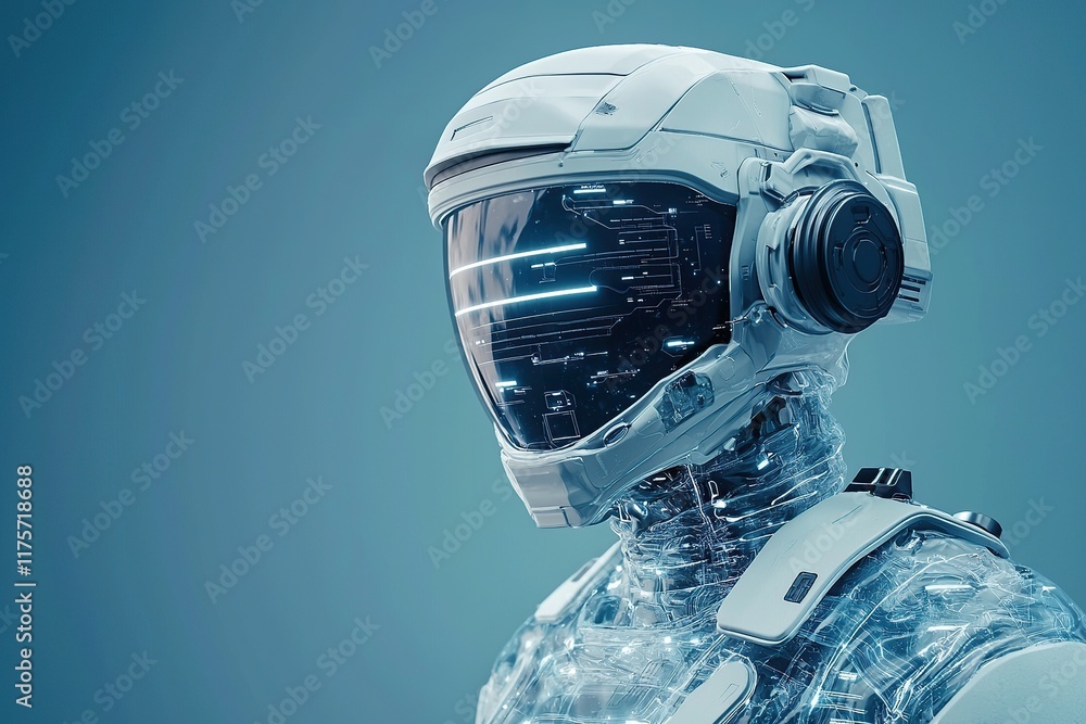 Poster a futuristic robotic figure with a sleek helmet and transparent body, showcasing advanced technology