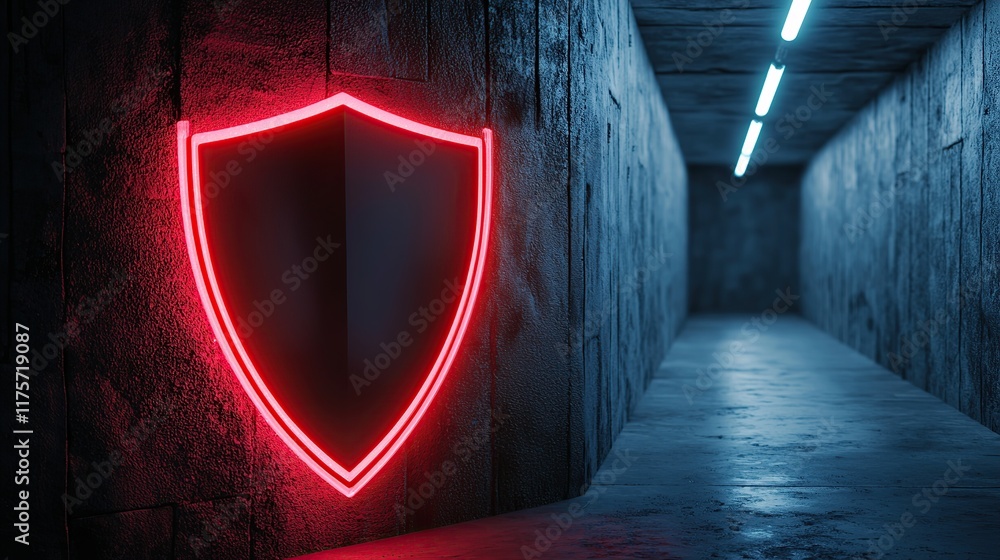 Poster a neon red shield glows on a textured wall in a dark corridor, creating a modern and striking visual