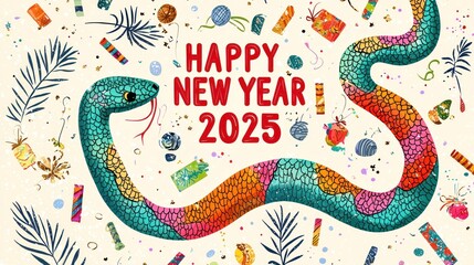 Obraz premium Colorful and Festive Snake Design for New Year 2025 Celebration Featuring Vibrant Patterns, Decorations, and Joyful Elements in a Charming Artwork Style