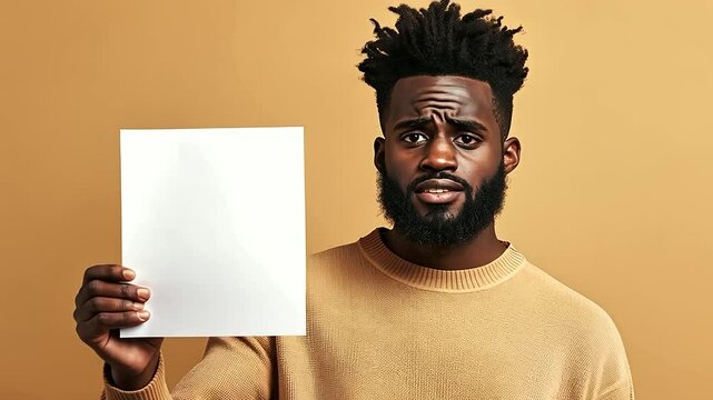 The Black model wears a thoughtful expression while holding a blank white sheet of paper, offering it forward with one hand, against a clean, warm-toned neutral backdrop.