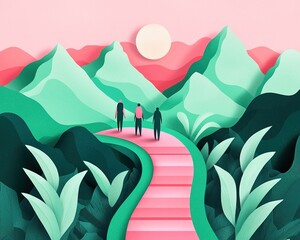 A vibrant, stylized landscape featuring a winding path, three figures, and mountains under a pastel sky, evoking a sense of adventure and tranquility.