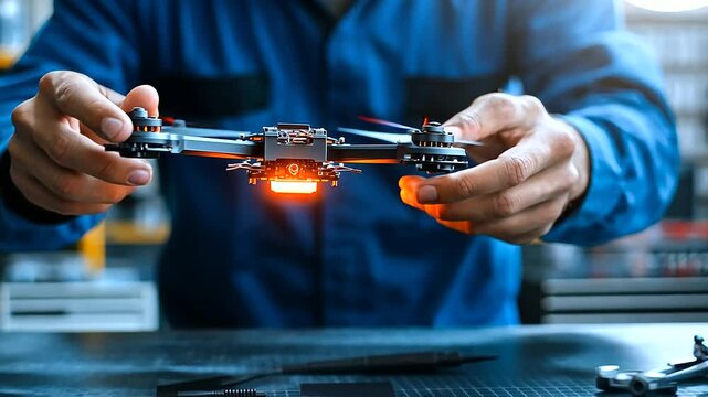The hands of a Latino technician grip a screwdriver as he adjusts a drone's propeller, the workshop background blurred with shelves of tools and electronics.