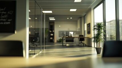 Modern Office Interior Design: Sunlight Streaming Through Large Windows Illuminating Minimalist Workspace