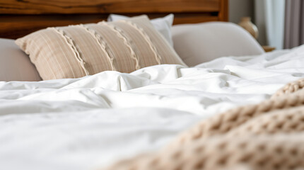 White Bedding, Beige Pillow, and Knitted Throw on Bed