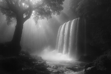 Sunlit Waterfall Cascading Through Misty Forest