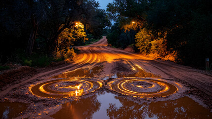 Fototapeta premium Night scene of a muddy road with tire tracks and puddles reflecting light.