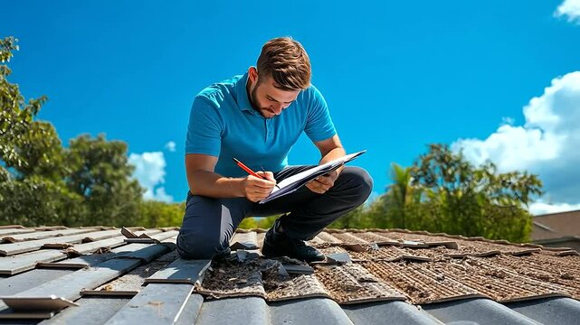 The insurance agent kneels by storm-damaged roof tiles scattered on the ground, jotting down notes and surveying the area under the clear blue sky.