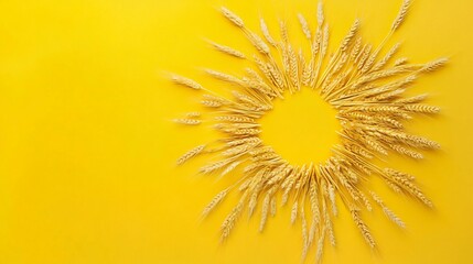 Obraz premium A creative composition of barley stalks and grains shaped like a sun, isolated on a bright yellow background