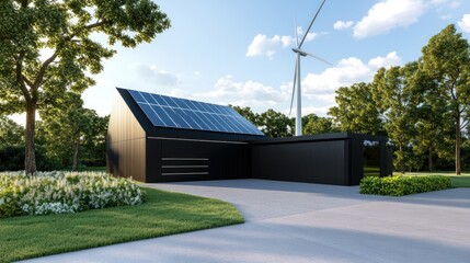 Obraz premium Modern eco-friendly house with solar panels and wind turbine.