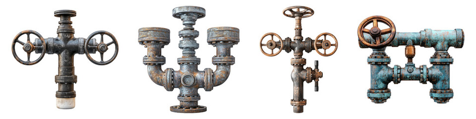 Water pipes and valve isolated on transparent background, Set of