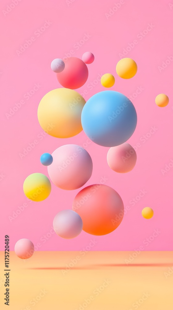 Poster Colorful spheres of various sizes levitating against a pink and yellow background create a vibrant and playful visual. The dynamic composition evokes feelings of joy and imagination