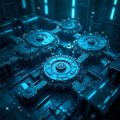 Fototapeta premium The image presents a detailed and intricate 3D rendering of a complex technological structure, characterized by a series of interconnected gears and circular elements, all bathed in a blue hue.