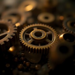 A close-up image of a collection of gears with a dark background, highlighting the intricate details and textures of the mechanical components.