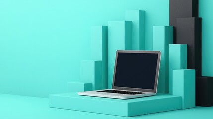 Fototapeta premium A sleek laptop rests on a geometric teal platform, surrounded by minimalist blocks, creating a modern and stylish workspace aesthetic.